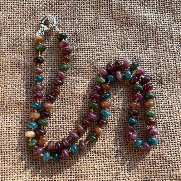 Natural Stone Rondelle Colorful Tourmaline knotted Necklace Handmade New - Picture 1 of 13